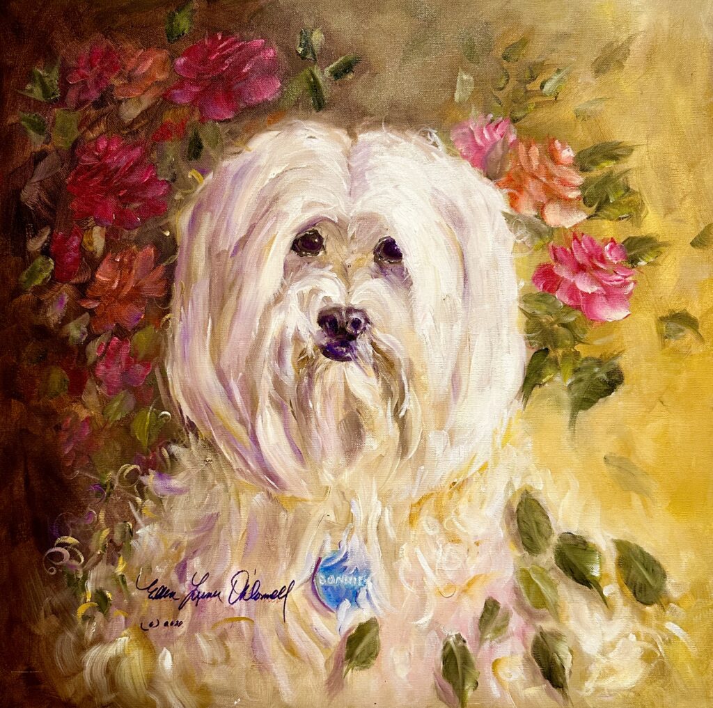 A fluffy white dog with long fur poses among vibrant pink roses, showcasing a tag labeled "BONNIE." The warm background adds a soft, inviting touch.